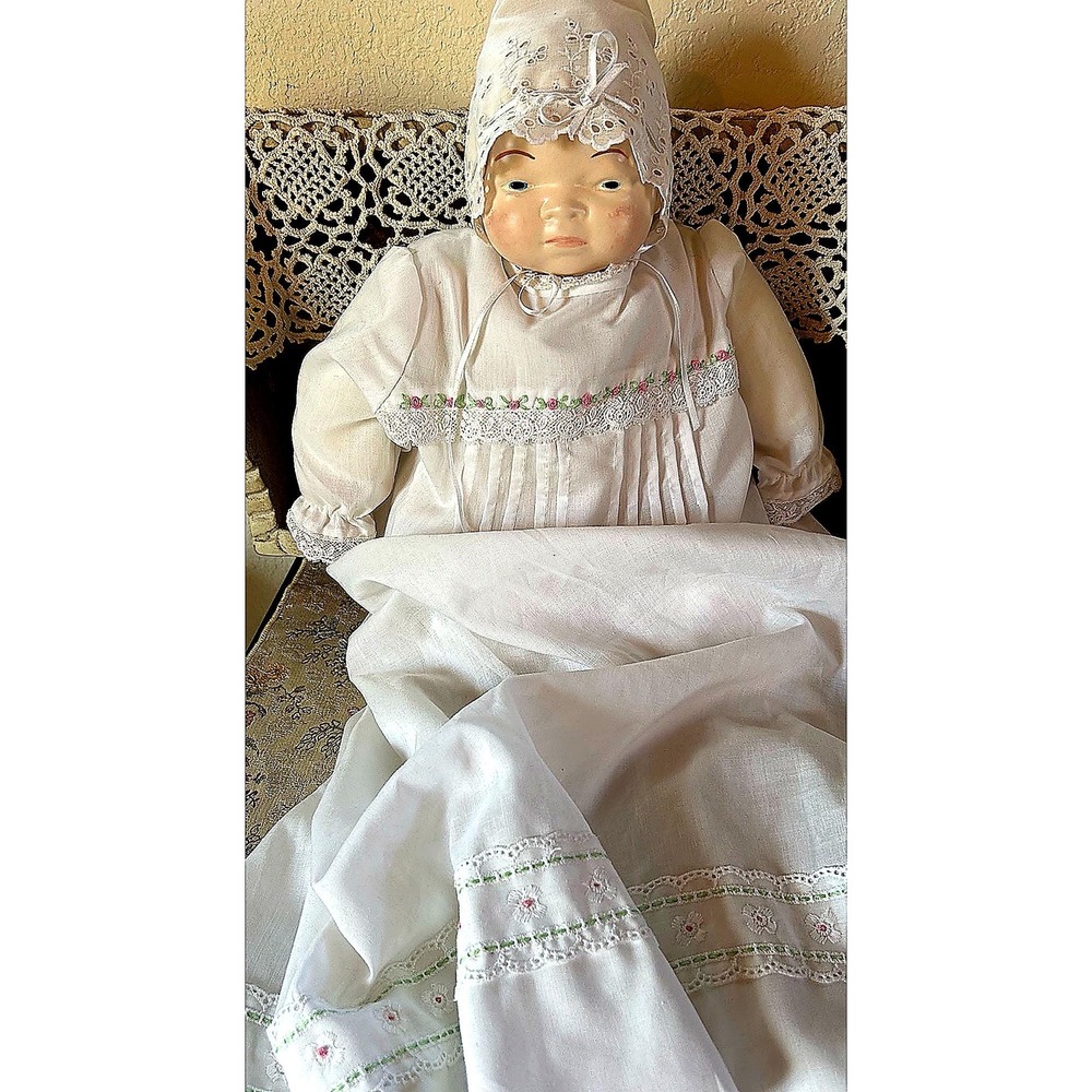 Collectible Porcelain Doll with‎ Antique White Dress/Vtg Hand Embroidered Gown